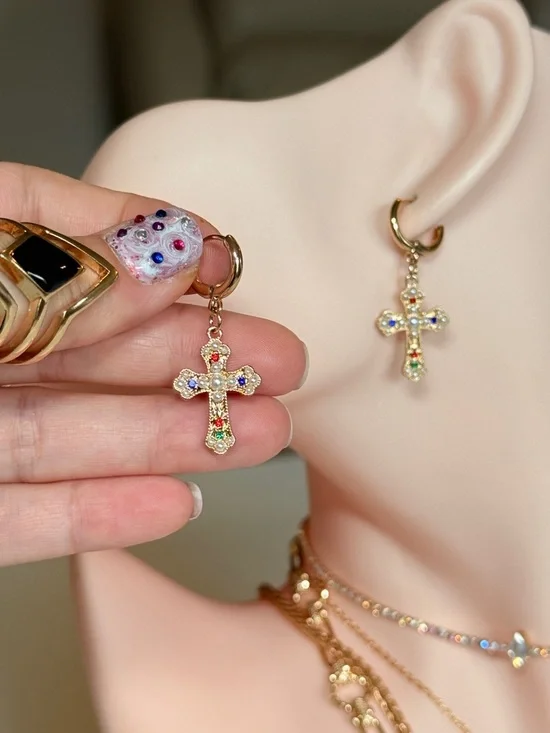 Gold Cross Pendant Huggie Earring with Multicolor Stones - Picture 3 of 12